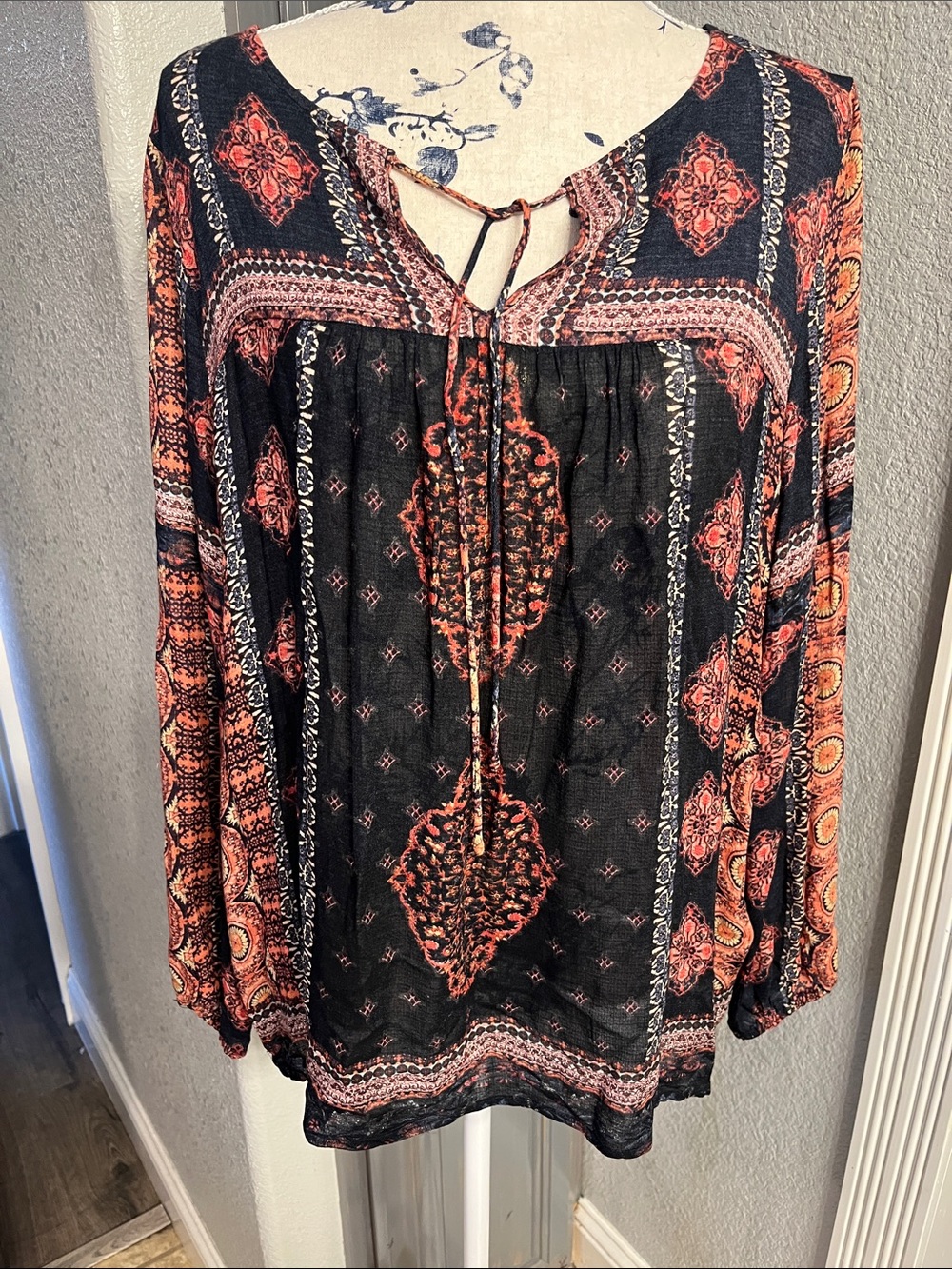 Lucky Brand Black Peasant Blouse with Rust Medallion Print